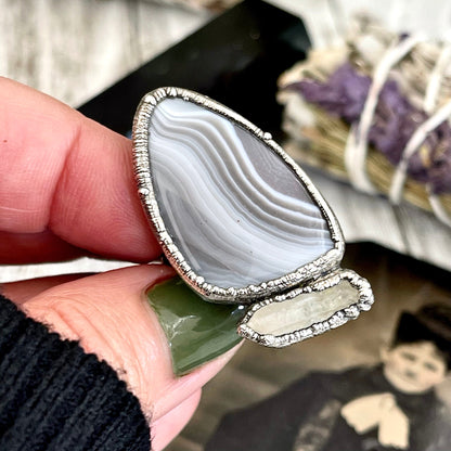 Size 7 Two Stone Ring- Banded Agate Clear Quartz Crystal Ring Fine Silver / Foxlark Collection - One of a Kind / Statement Jewelry Gemstone