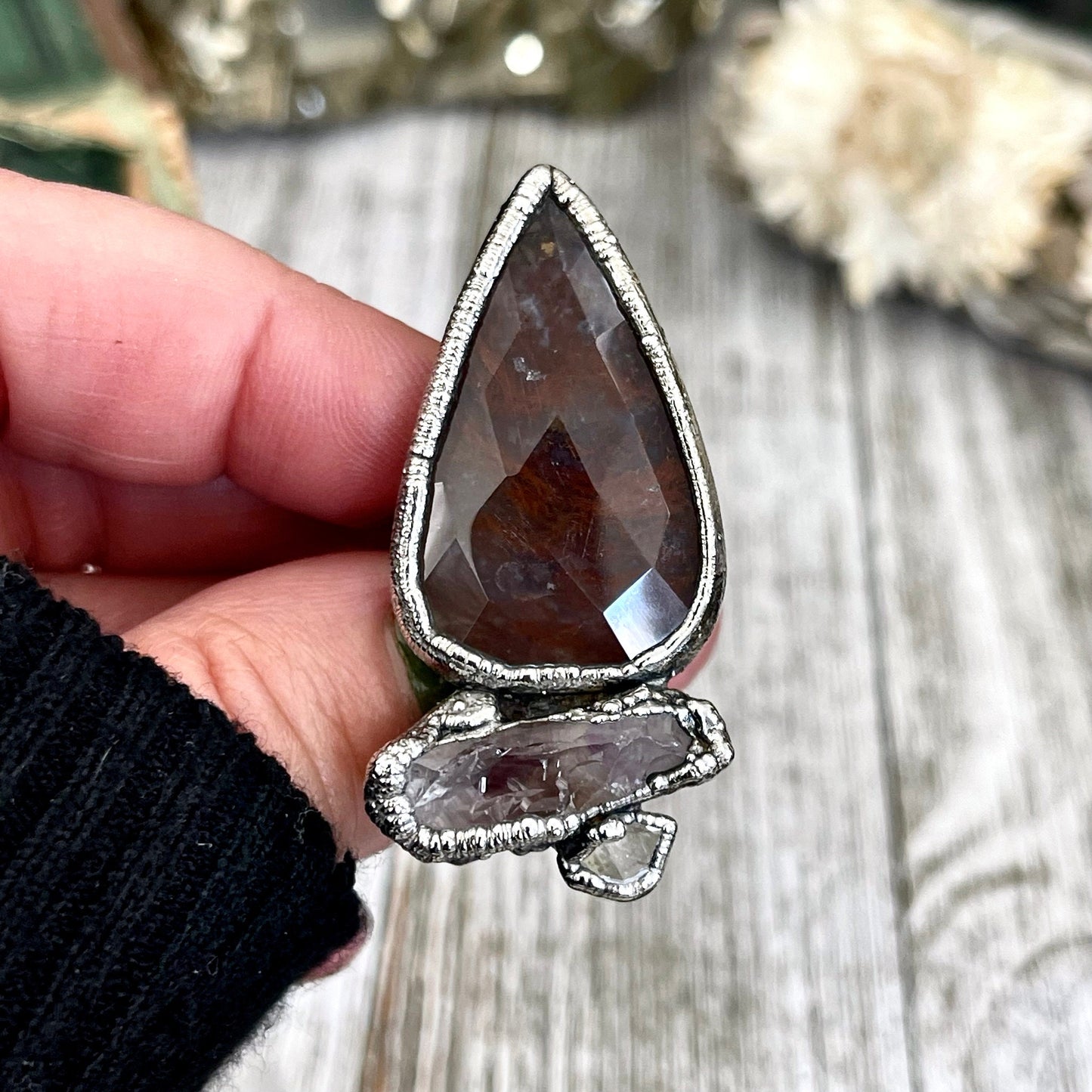 Size 6.5 Crystal Ring - Three Stone Fancy Moss Agate Amethyst Herkimer Silver Ring / Foxlark Collection - One of a Kind / Crystal Jewelry