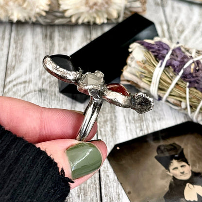 Size 10 Crystal Ring - Four Stone Black Onyx Red Carnelian Clear Quartz Ring In Silver / Foxlark - One of a Kind // Alternative Ring