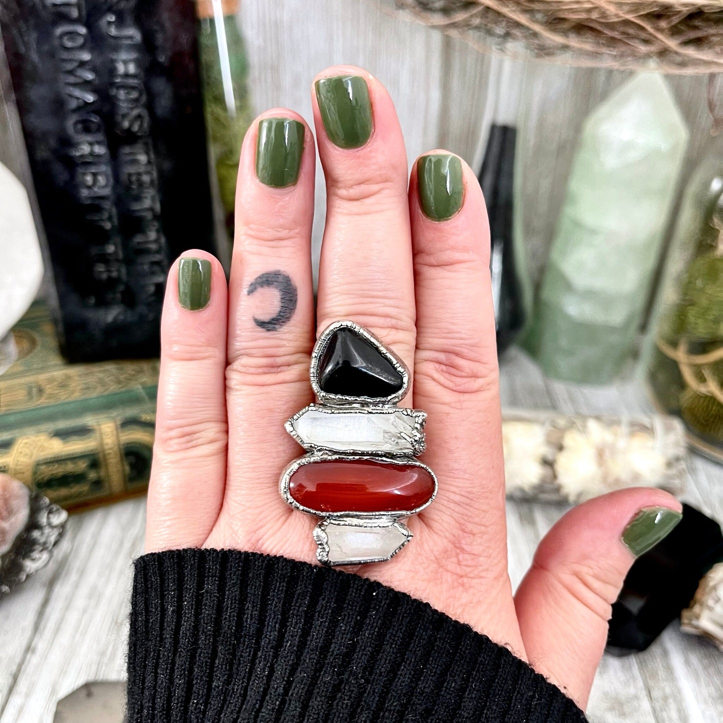 Size 10 Crystal Ring - Four Stone Black Onyx Red Carnelian Clear Quartz Ring In Silver / Foxlark - One of a Kind // Alternative Ring