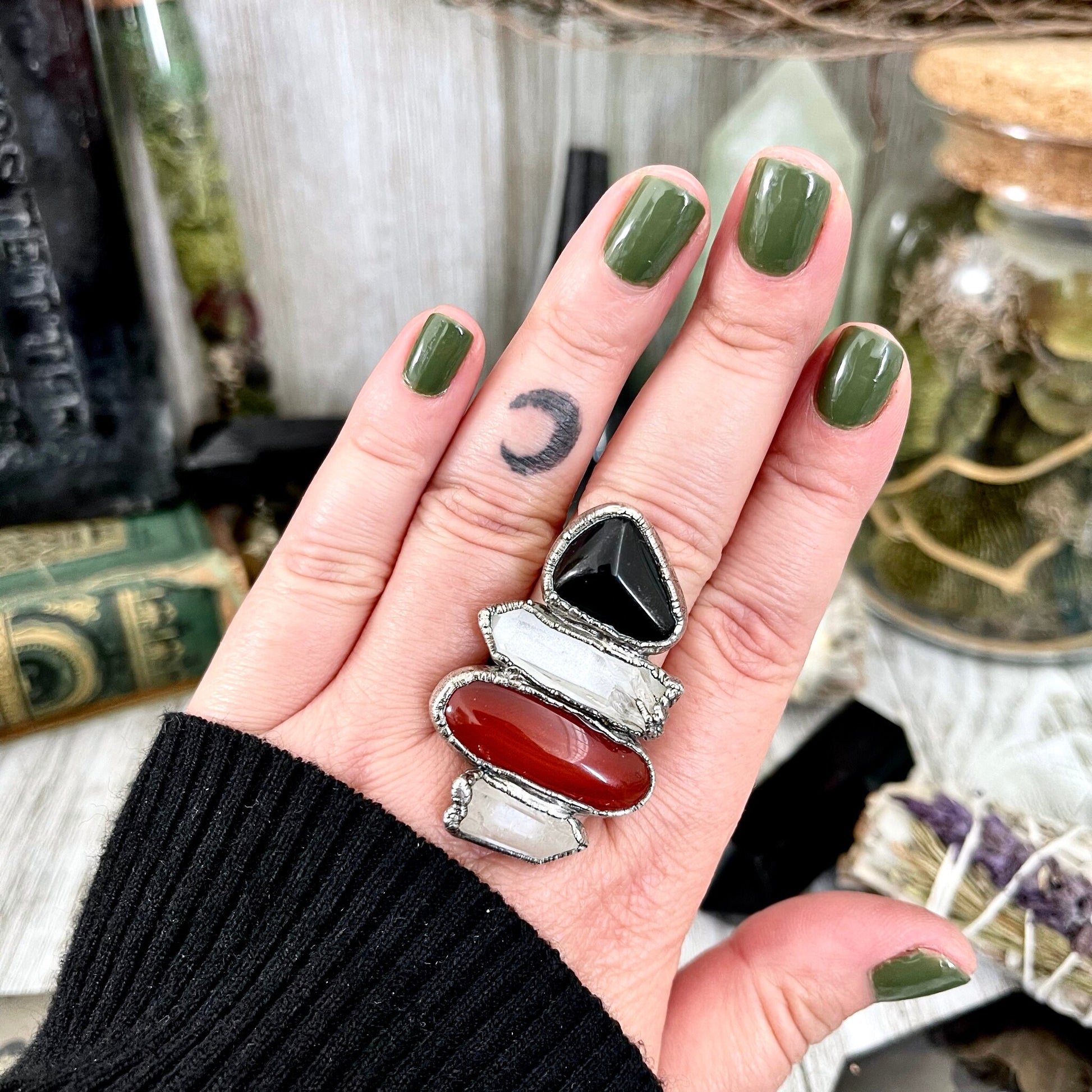 Size 10 Crystal Ring - Four Stone Black Onyx Red Carnelian Clear Quartz Ring In Silver / Foxlark - One of a Kind // Alternative Ring