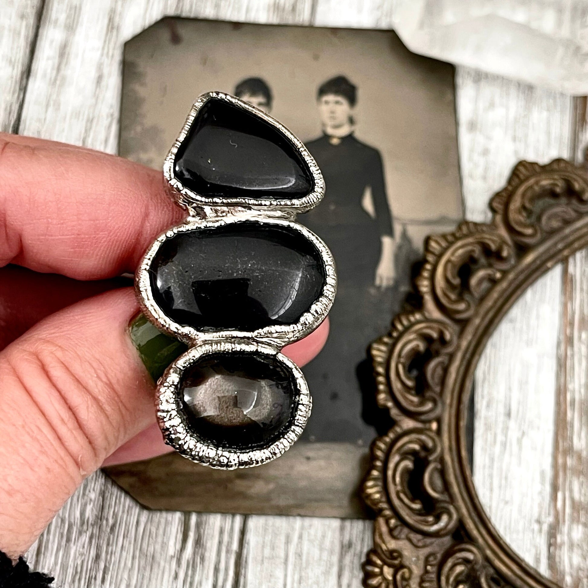 Size 7.5 Crystal Ring - Three Stone Black Onyx Black Star Sunstone Ring in Silver / Foxlark Collection - One of a Kind / Gothic Jewelry