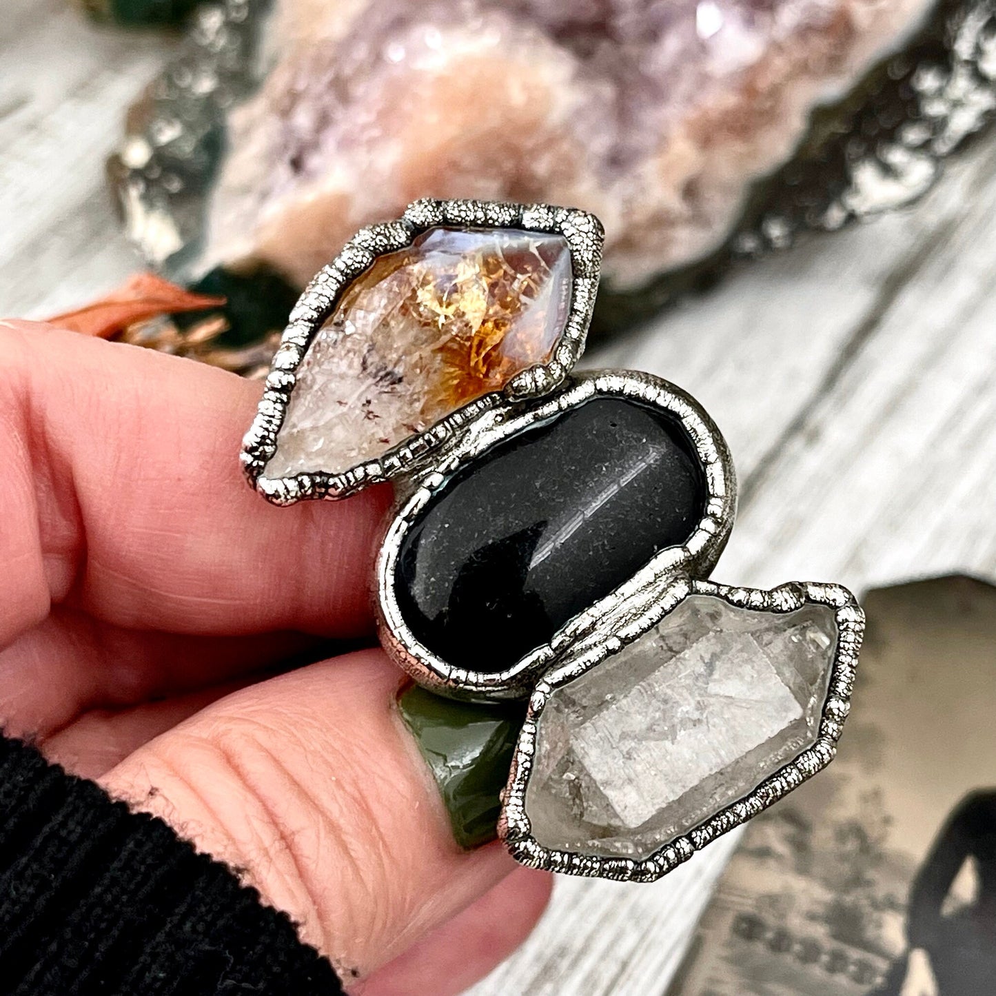 Size 9 Crystal Ring - Three Stone Black Onyx Yellow Citrine & Quartz Silver Ring / Foxlark Collection - One of a Kind / Big Crystal Jewelry