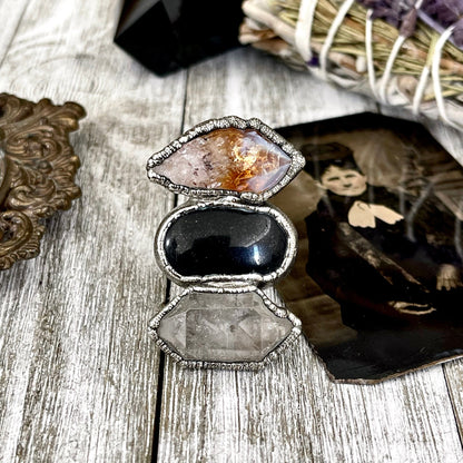 Size 9 Crystal Ring - Three Stone Black Onyx Yellow Citrine & Quartz Silver Ring / Foxlark Collection - One of a Kind / Big Crystal Jewelry