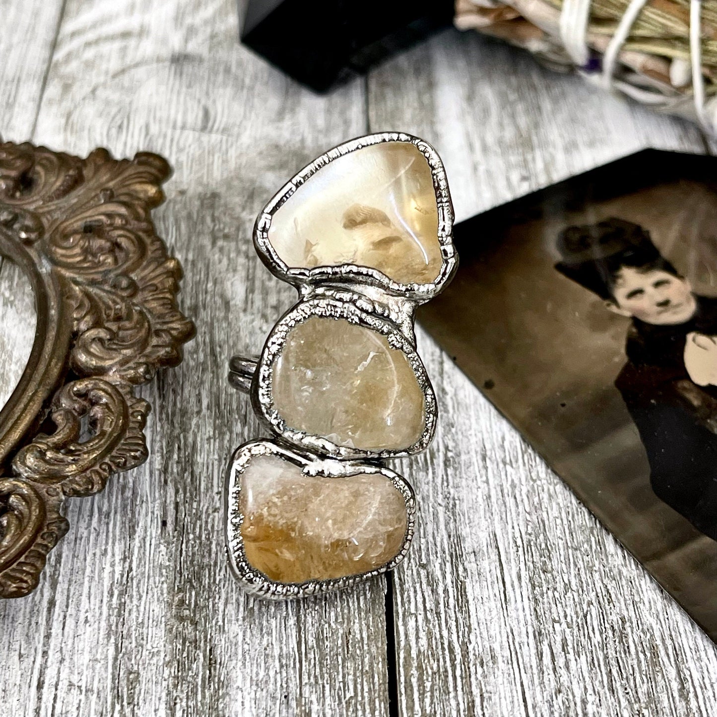 Size 7 Crystal Ring - Three Stone Yellow Citrine Ring in Silver / Foxlark Collection - One of a Kind / Big Boho Crystal Jewelry