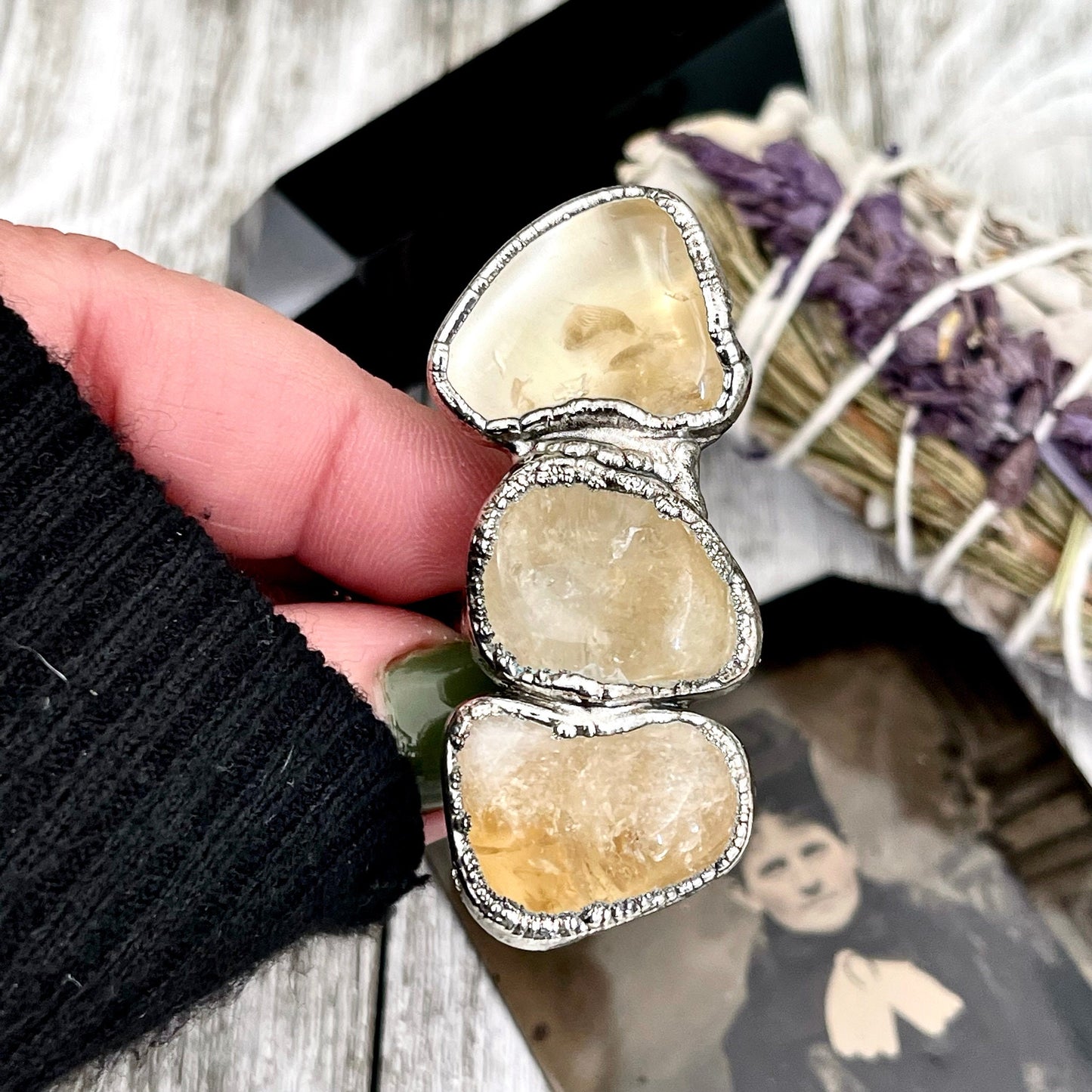 Size 7 Crystal Ring - Three Stone Yellow Citrine Ring in Silver / Foxlark Collection - One of a Kind / Big Boho Crystal Jewelry