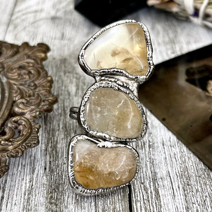 Size 7 Crystal Ring - Three Stone Yellow Citrine Ring in Silver / Foxlark Collection - One of a Kind / Big Boho Crystal Jewelry