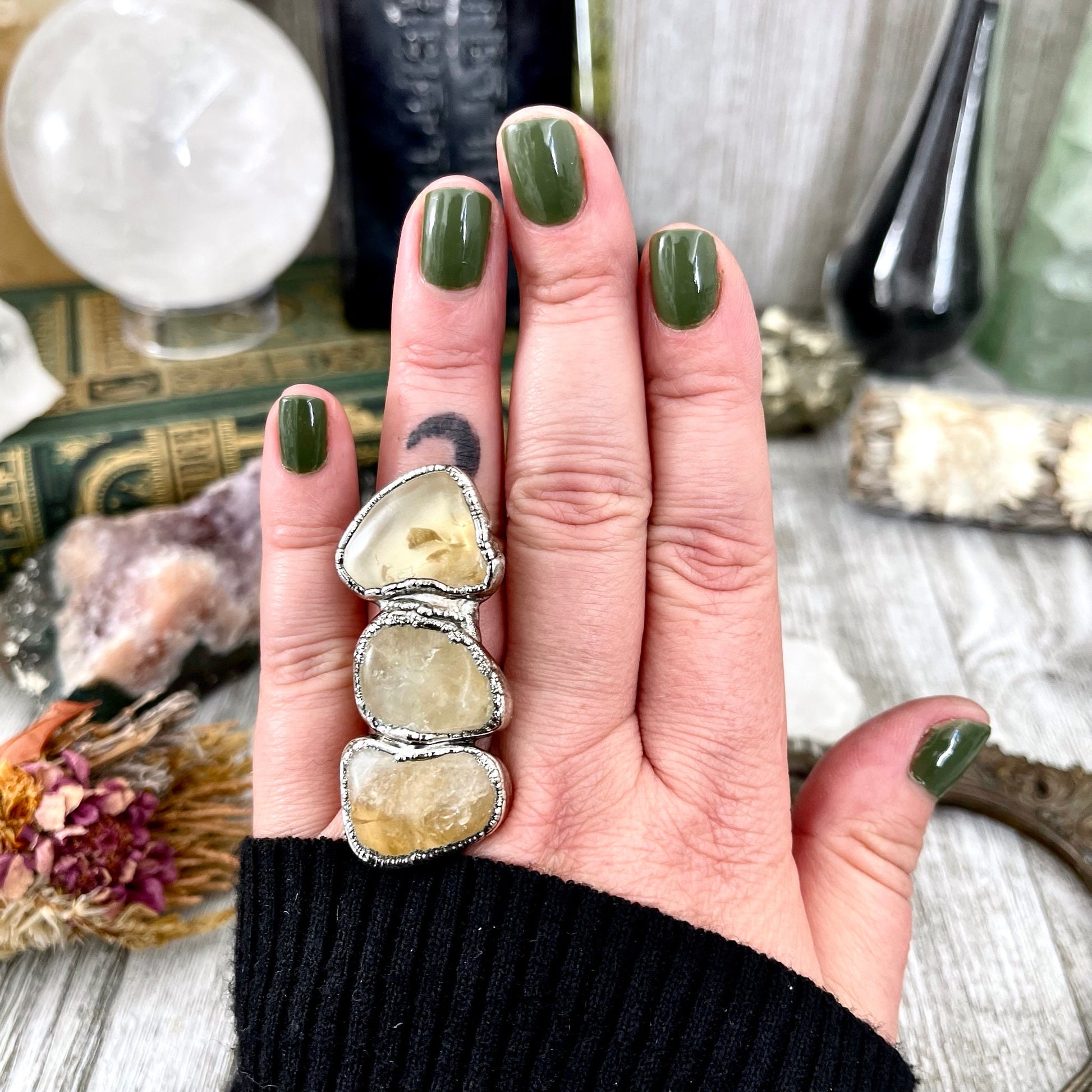 Size 7 Crystal Ring - Three Stone Yellow Citrine Ring in Silver / Foxlark Collection - One of a Kind / Big Boho Crystal Jewelry