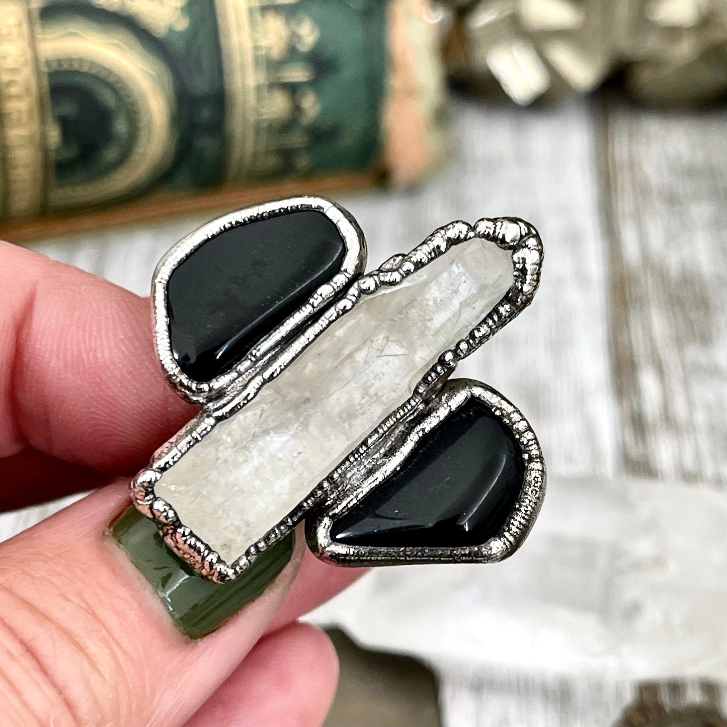 Size 8 Crystal Ring - Three Stone Black Onyx Clear Quartz Ring in Silver / Foxlark Collection - One of a Kind / Big Witchy Crystal Jewelry