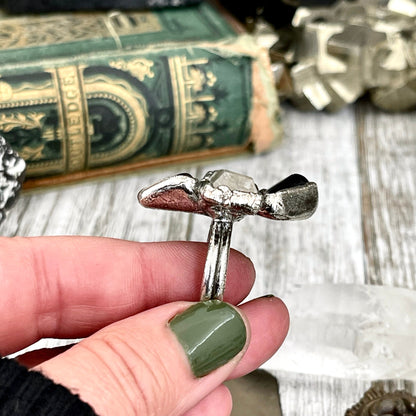 Size 8 Crystal Ring - Three Stone Black Onyx Clear Quartz Ring in Silver / Foxlark Collection - One of a Kind / Big Witchy Crystal Jewelry