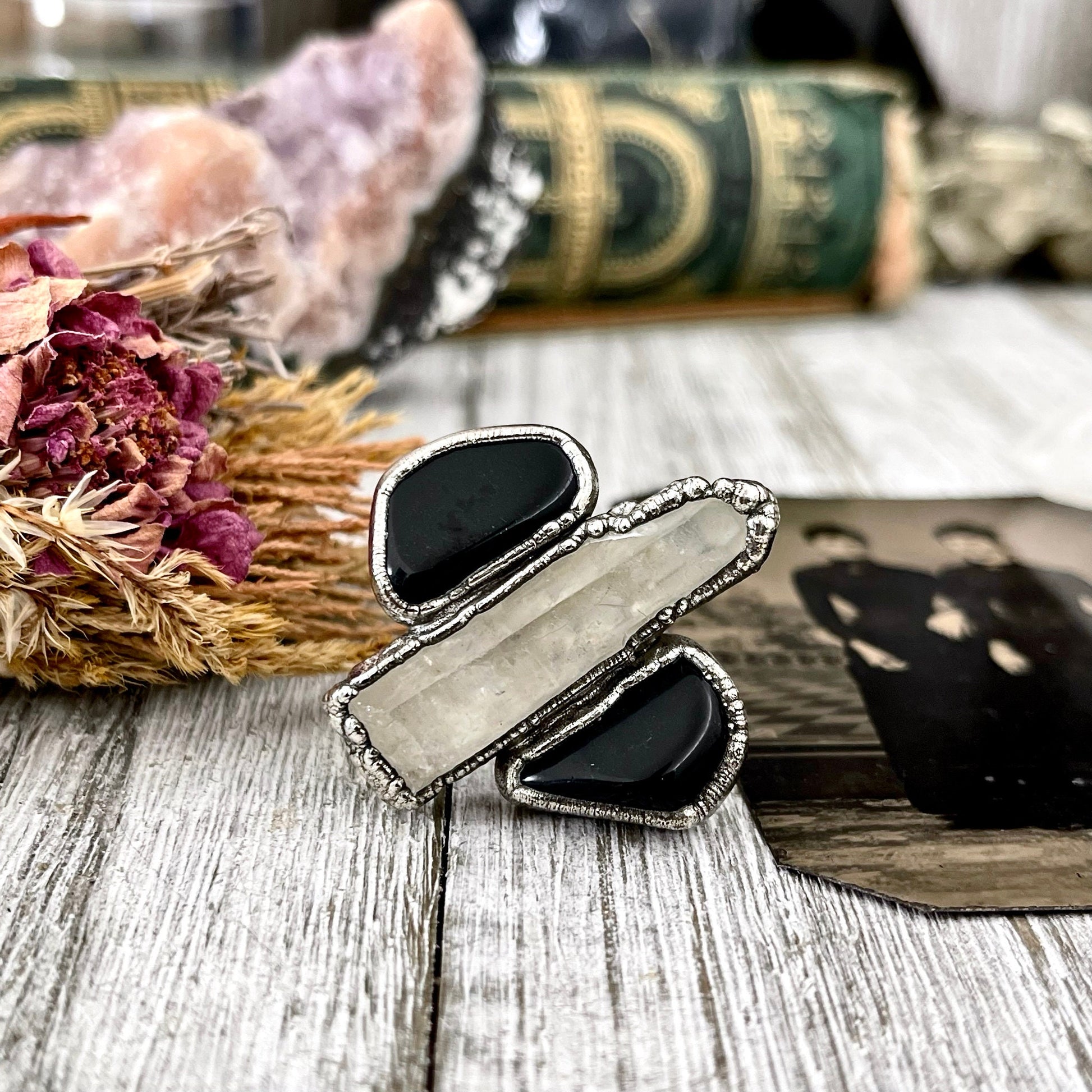 Size 8 Crystal Ring - Three Stone Black Onyx Clear Quartz Ring in Silver / Foxlark Collection - One of a Kind / Big Witchy Crystal Jewelry