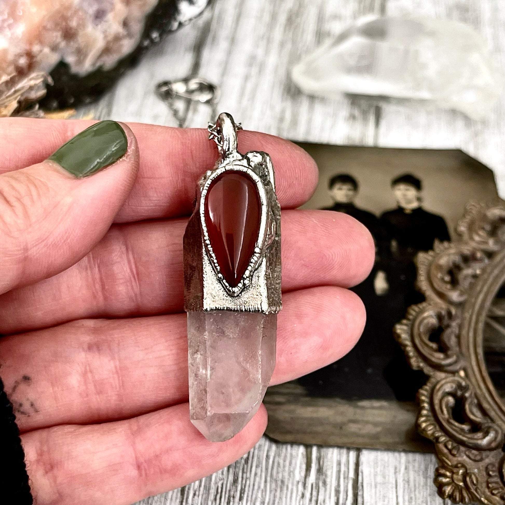 Large Raw Clear Quartz & Carnelian Crystal Statement Necklace in Fine Silver / Foxlark Collection - One of a Kind // Witchy Punk Pendent