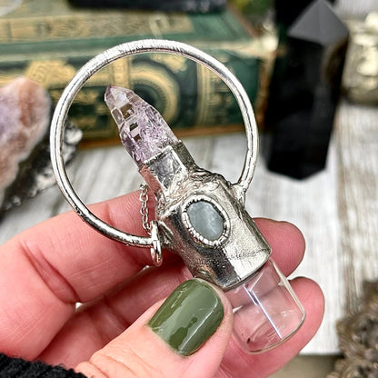 Raw Vera Cruz Amethyst and Aquamarine Crystal Necklace / Silver Crystal Rollerball Necklace / Foxlark - One of a Kind / Gothic Jewelry