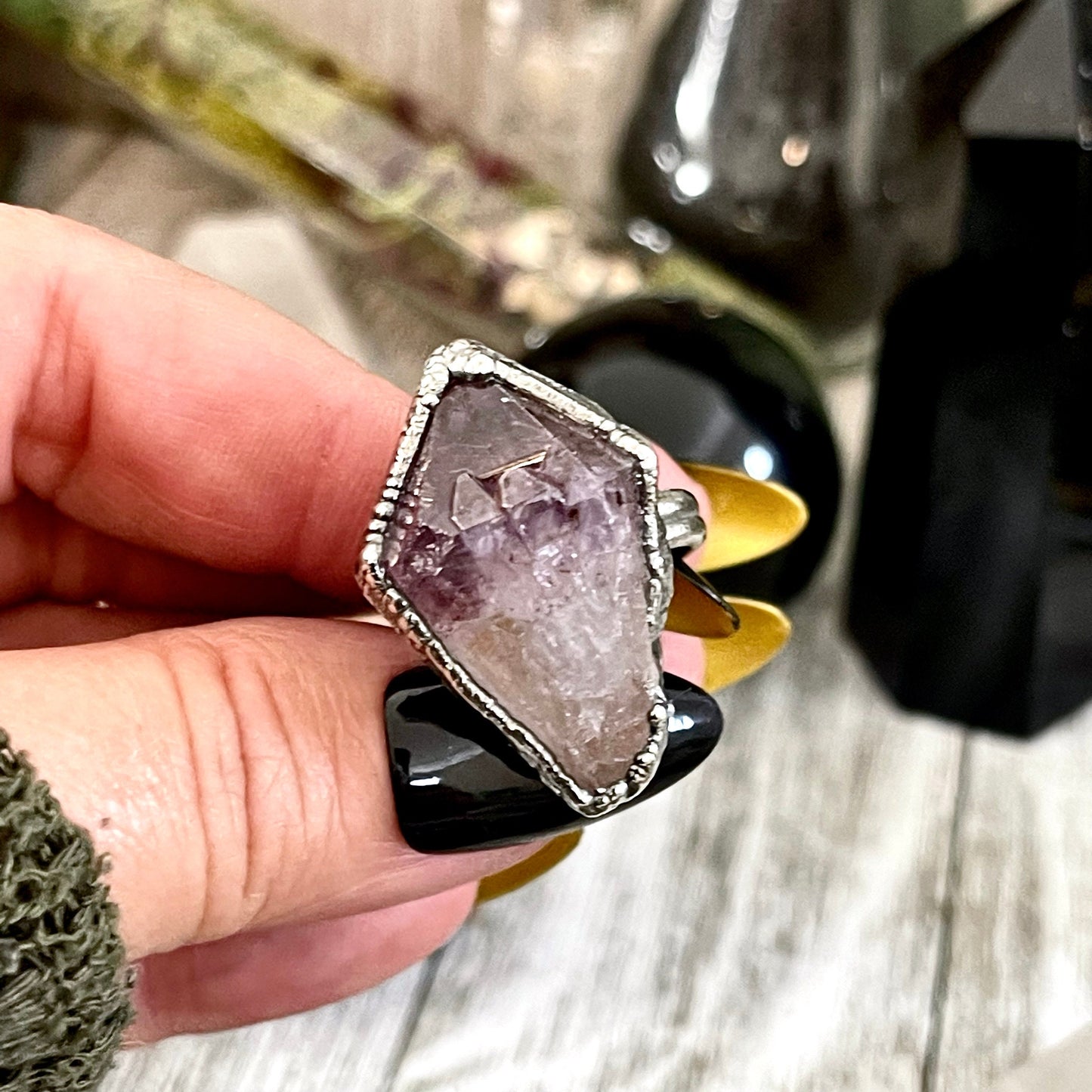 Raw Amethyst Purple Crystal Ring in Fine Silver Medium Size 5 6 7 8 9 // February Birthstone Jewelry / Boho Festival Jewelry Gemstone Ring