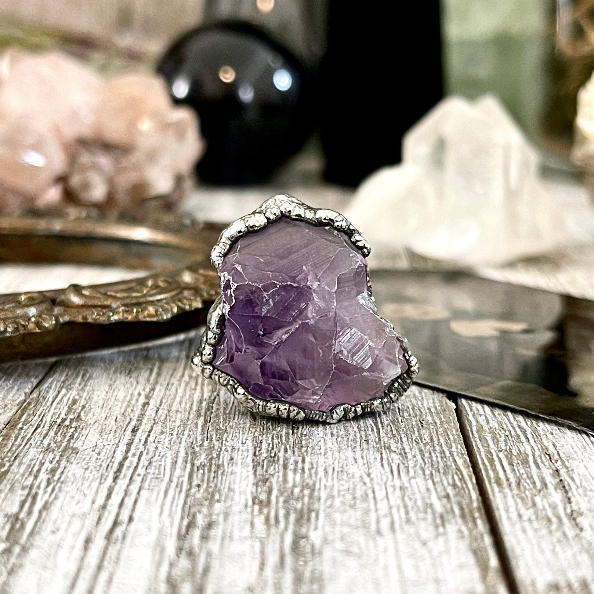 Raw Amethyst Purple Crystal Ring in Fine Silver Medium Size 5 6 7 8 9 // February Birthstone Jewelry / Boho Festival Jewelry Gemstone Ring