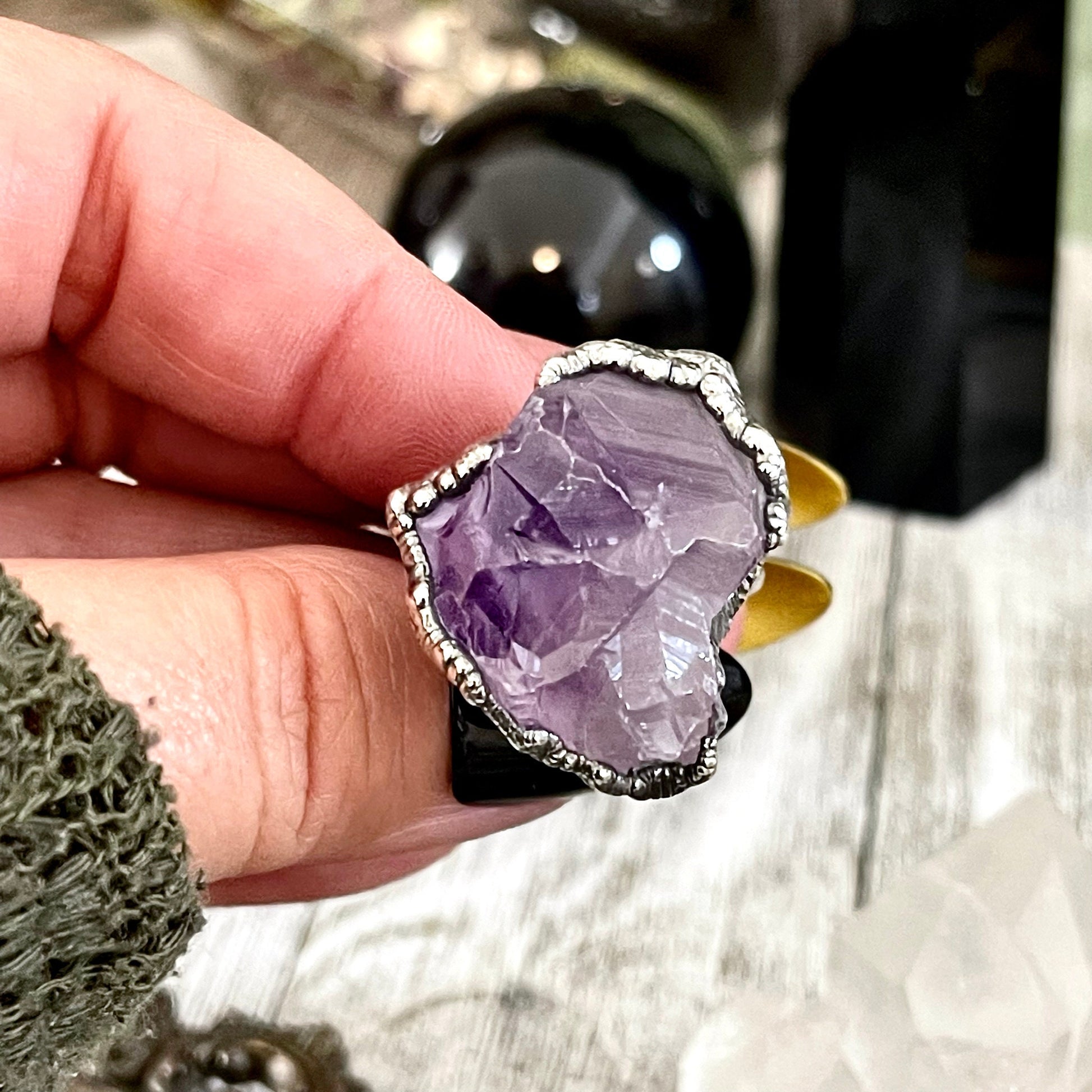 Raw Amethyst Purple Crystal Ring in Fine Silver Medium Size 5 6 7 8 9 // February Birthstone Jewelry / Boho Festival Jewelry Gemstone Ring