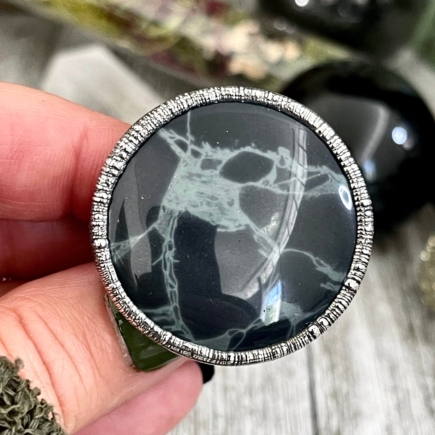 Size 9 Natural Spider Web Obsidian Statement Ring in Fine Silver - Black Stone Jewelry / Foxlark Collection - One of a Kind