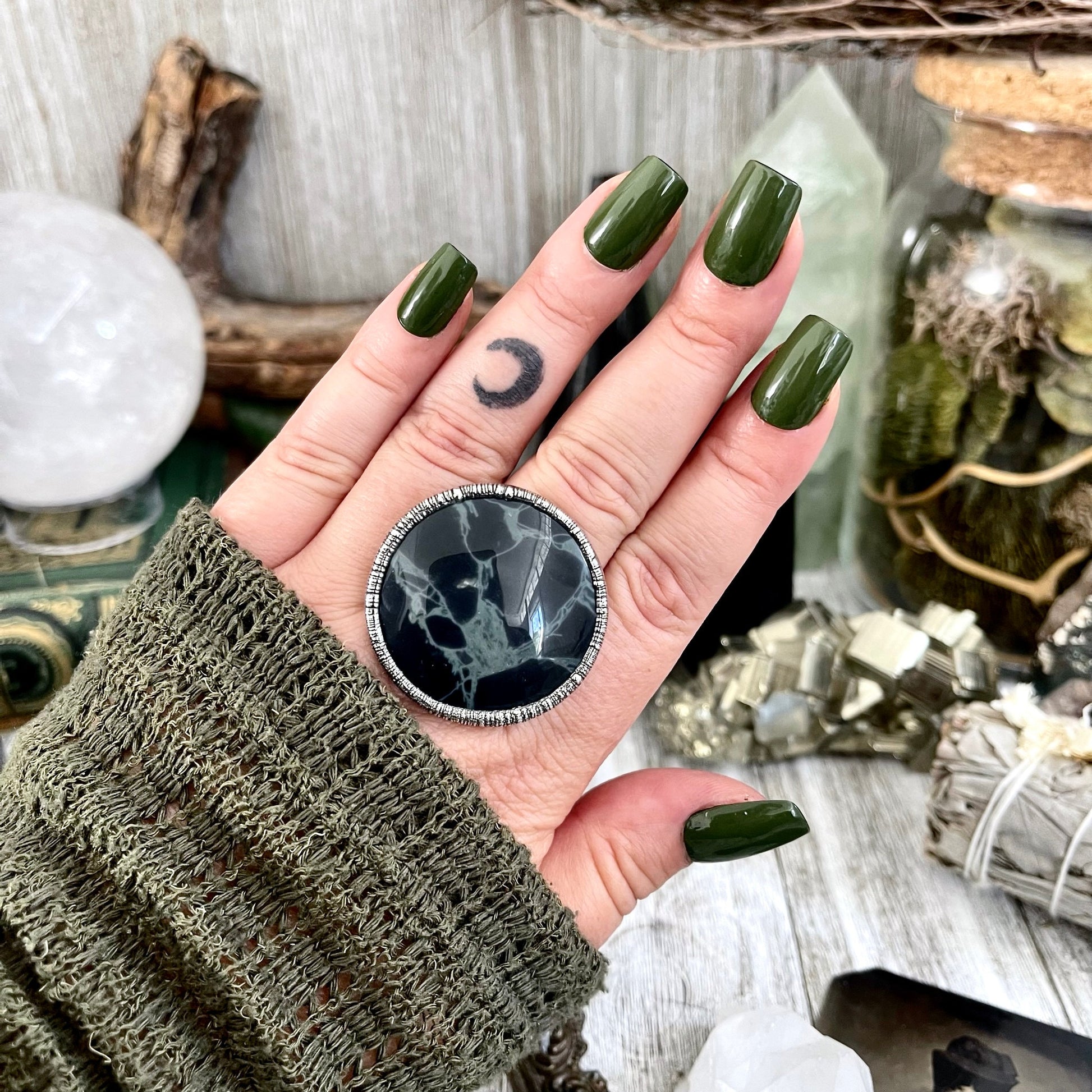 Size 9 Natural Spider Web Obsidian Statement Ring in Fine Silver - Black Stone Jewelry / Foxlark Collection - One of a Kind