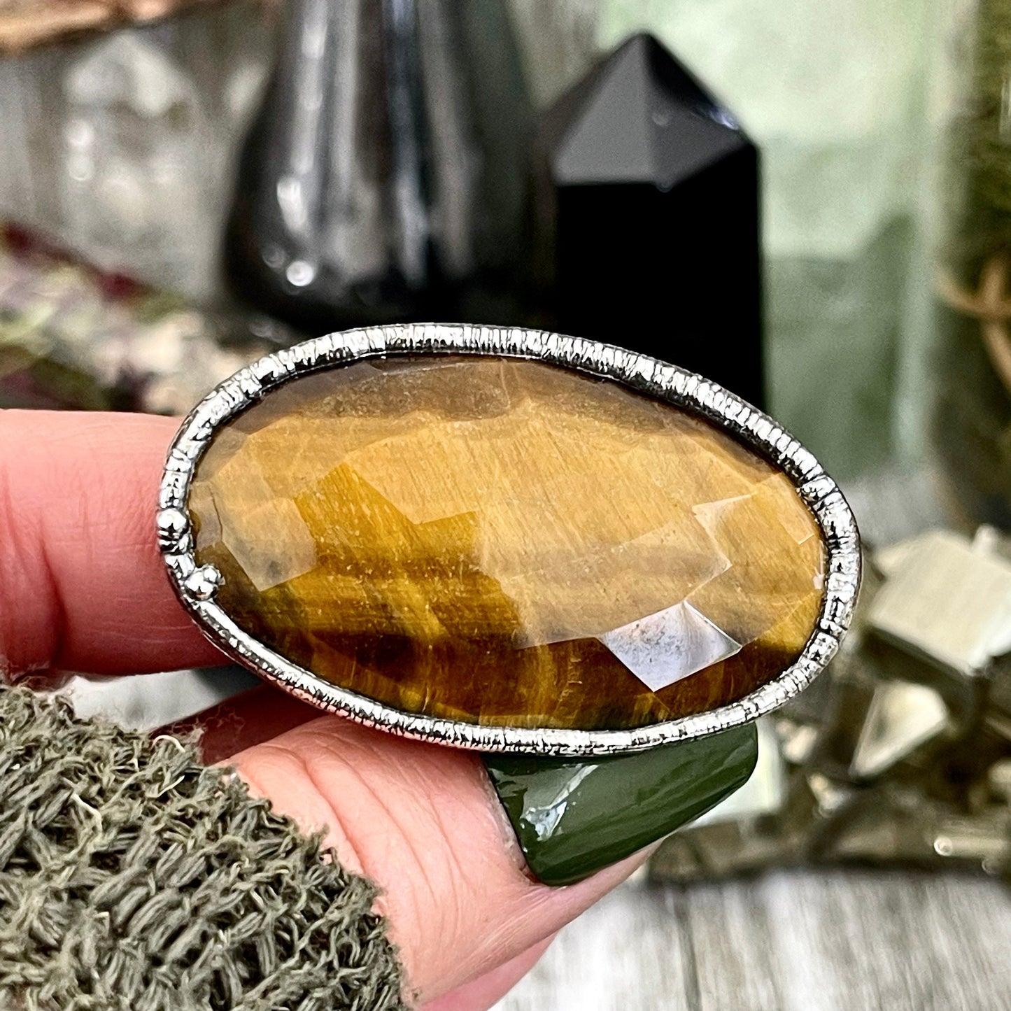 Size 8.5 Tigers Eye Ring in Fine Silver / Foxlark Collection - One of a Kind / Big Crystal Ring Witchy Jewelry / Gothic Jewelry