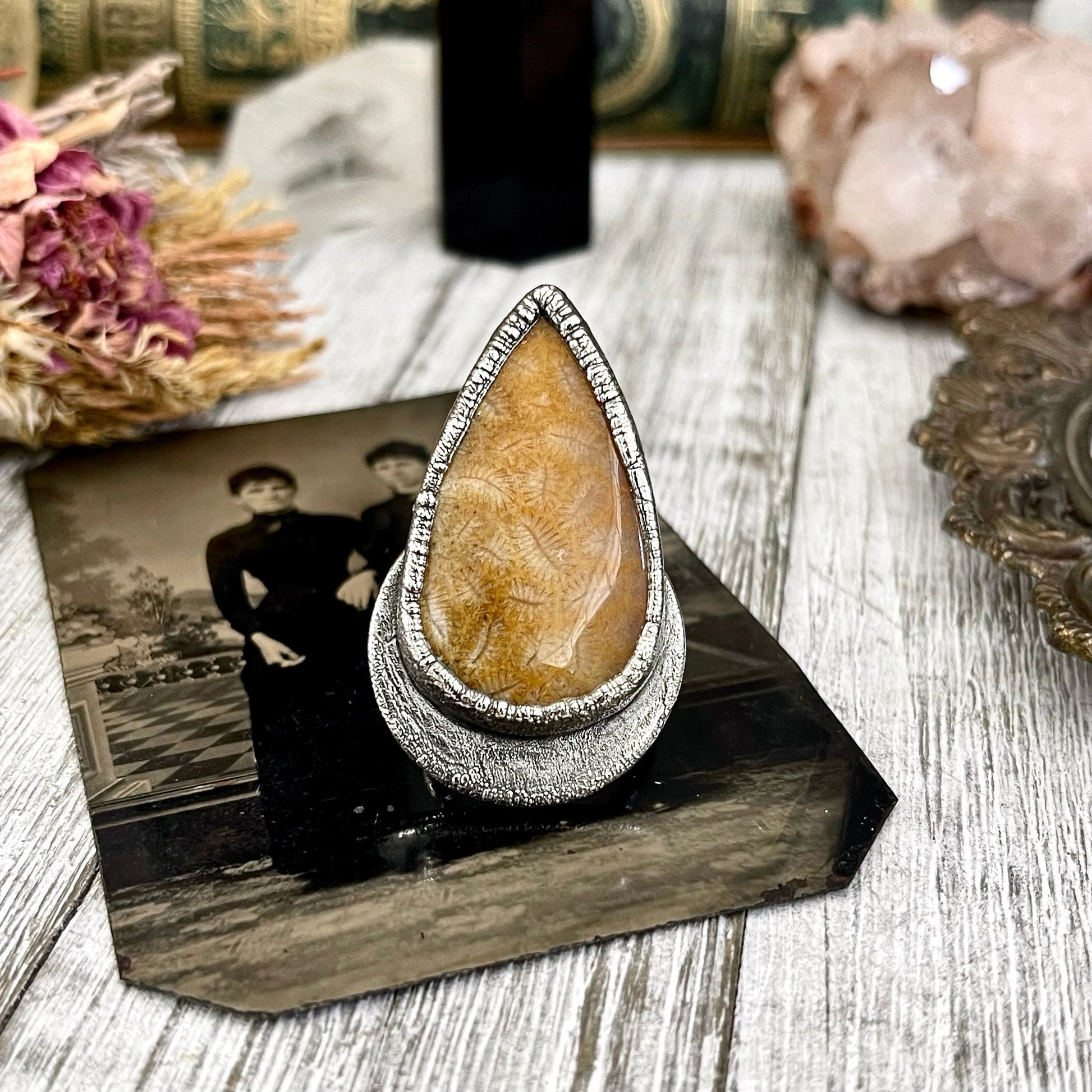 Size 8.5 Big Fossilized Coral Silver Statement Ring in Fine Silver / Foxlark Collection - One of a Kind / Big Crystal Ring Witchy Jewelry