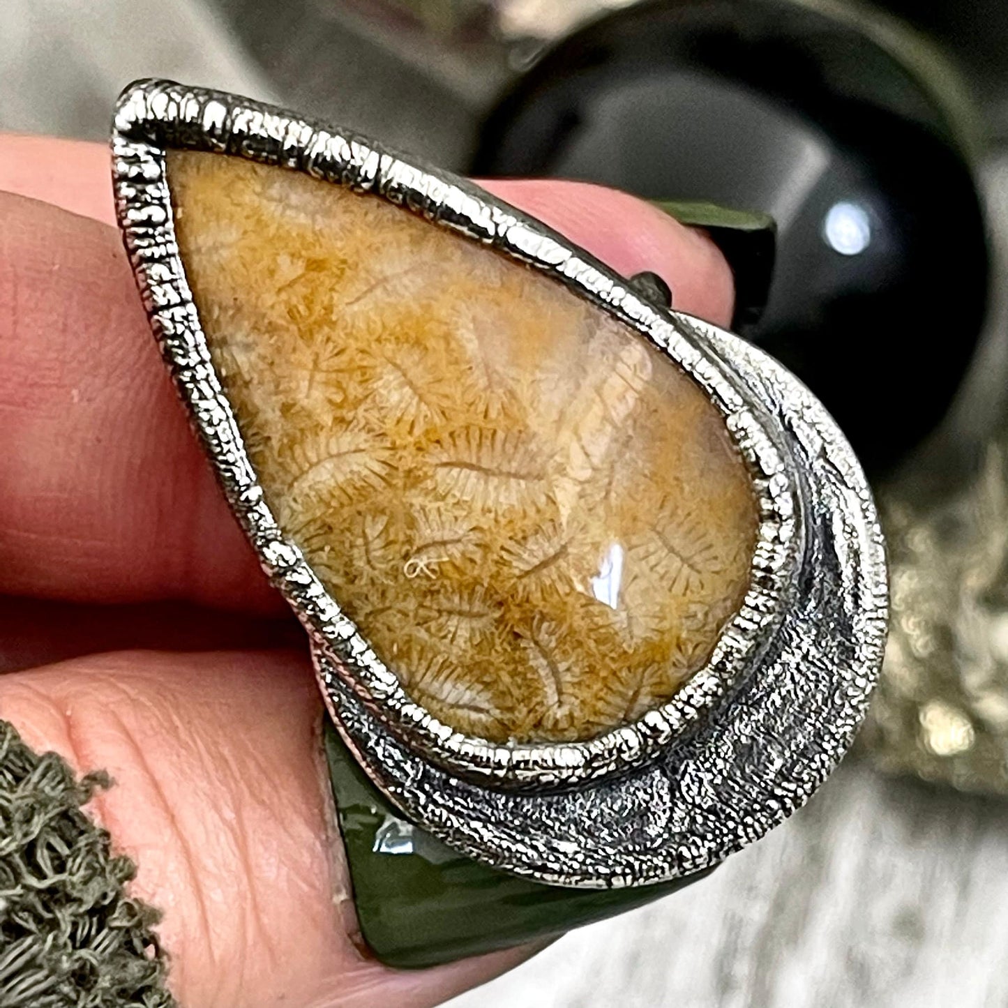 Size 8.5 Big Fossilized Coral Silver Statement Ring in Fine Silver / Foxlark Collection - One of a Kind / Big Crystal Ring Witchy Jewelry