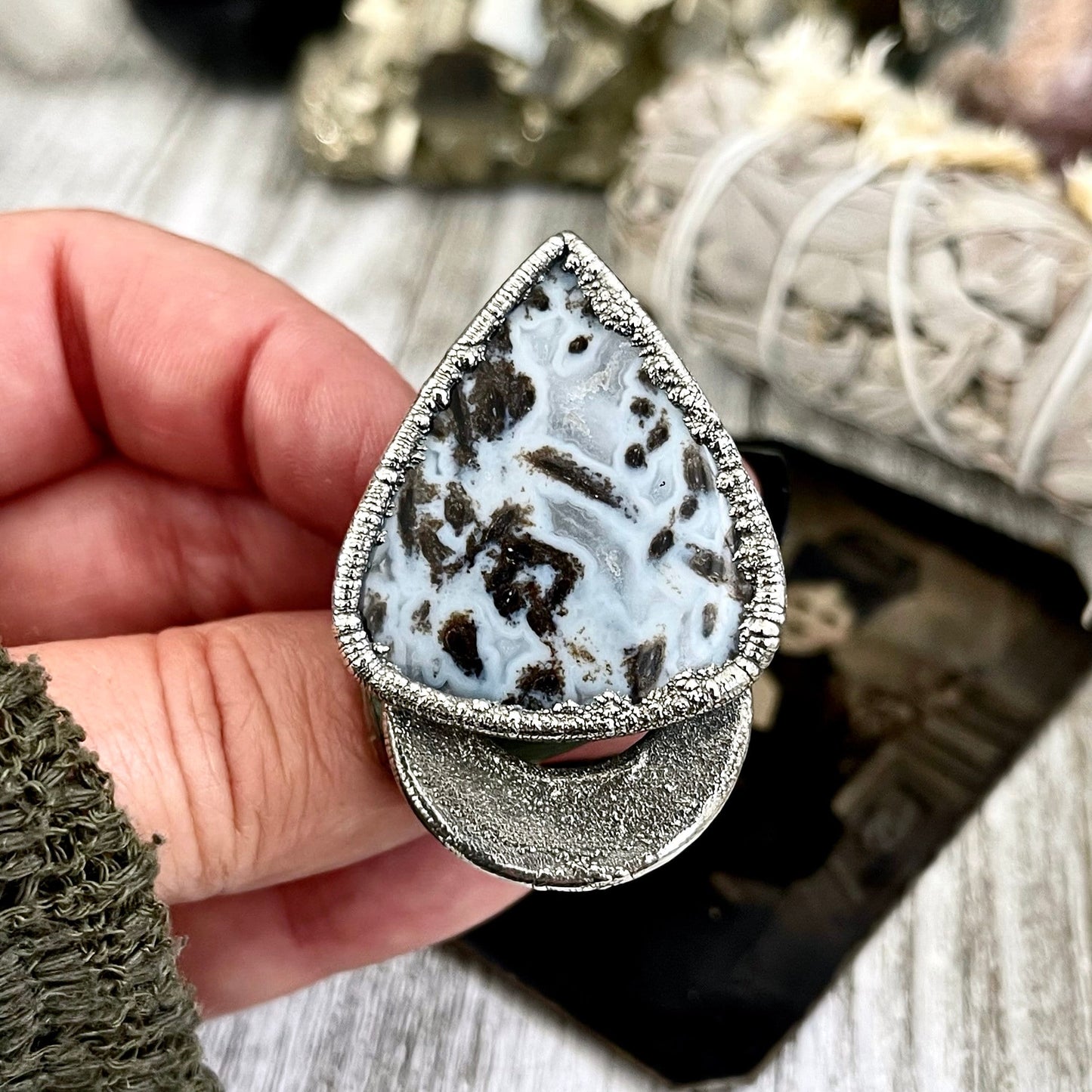 Size 10.5 Large Blue Fossilized Palm Root Statement Ring in Fine Silver / Foxlark Collection - One of a Kind / Gothic Jewelry Gemstone