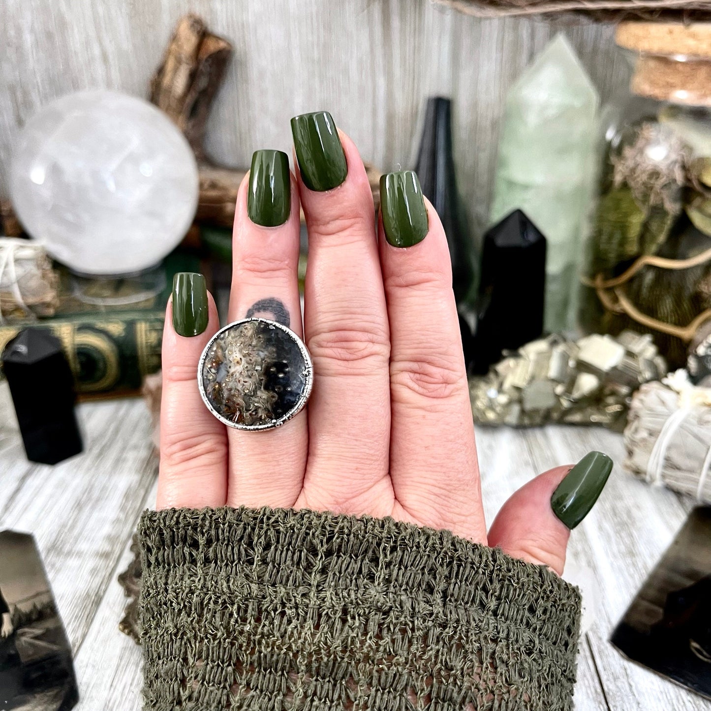 Size 7 Large Fossilized Palm Root Statement Ring in Fine Silver / Foxlark Collection - One of a Kind / Big Crystal Ring Witchy Jewelry