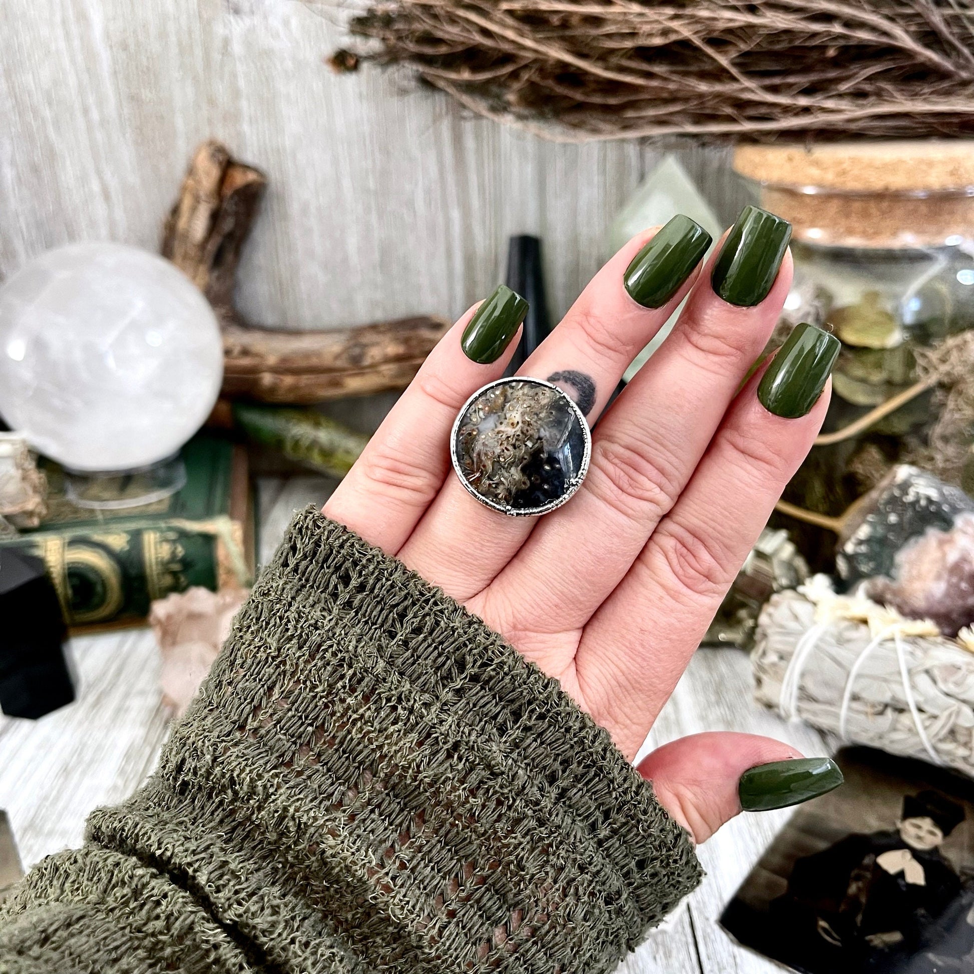 Size 7 Large Fossilized Palm Root Statement Ring in Fine Silver / Foxlark Collection - One of a Kind / Big Crystal Ring Witchy Jewelry