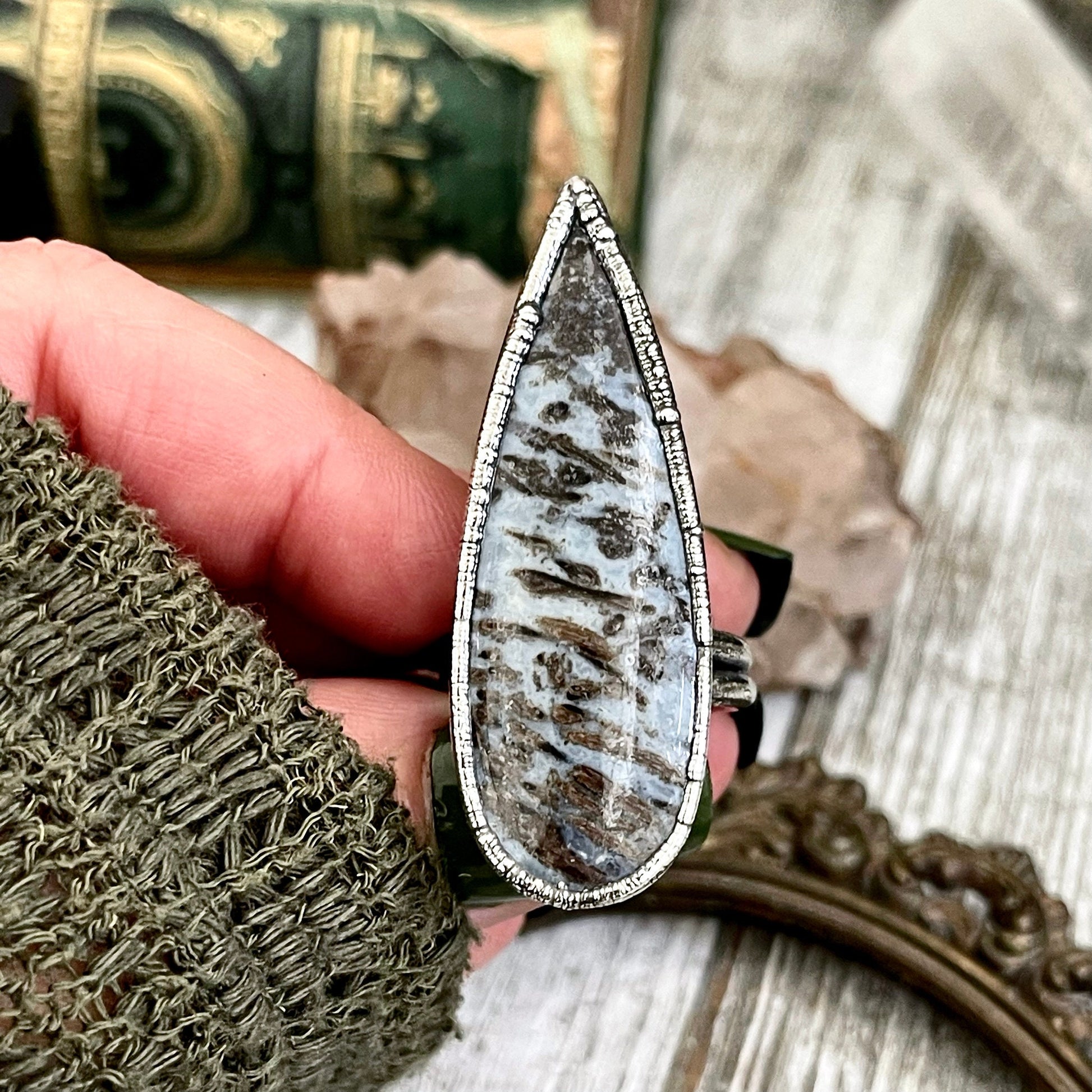 Size 9 Large Blue Fossilized Palm Root Statement Ring in Fine Silver / Foxlark Collection - One of a Kind / Gothic Jewelry Gemstone