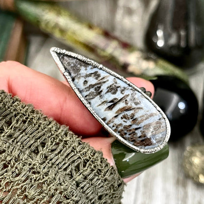 Size 9 Large Blue Fossilized Palm Root Statement Ring in Fine Silver / Foxlark Collection - One of a Kind / Gothic Jewelry Gemstone