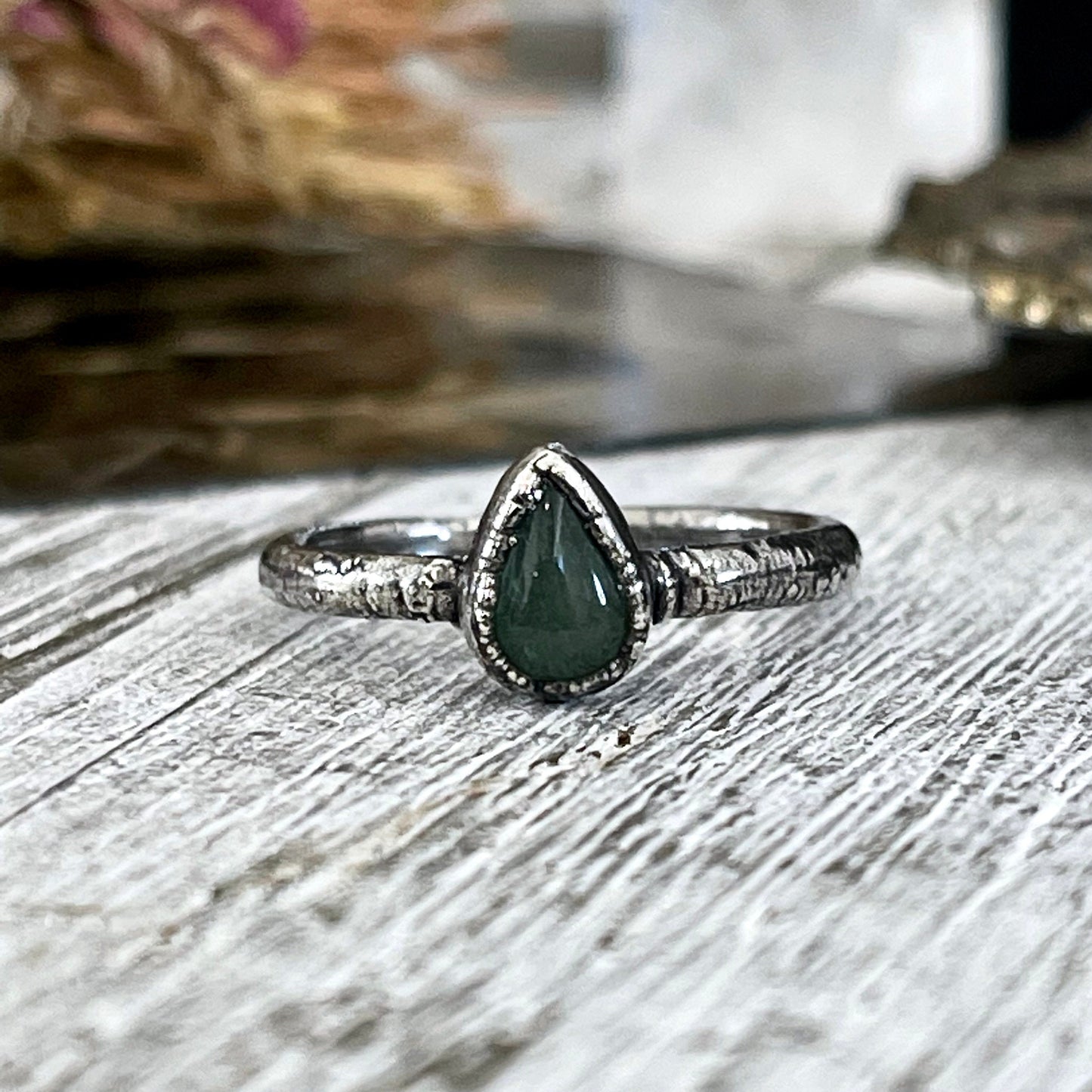 Dainty Teardrop Green Aventurine Ring Fine Silver Size 5 6 7 8 9 10 Foxlark Collection // Witchy Goth Jewelry Crystal Alternative Jewelry