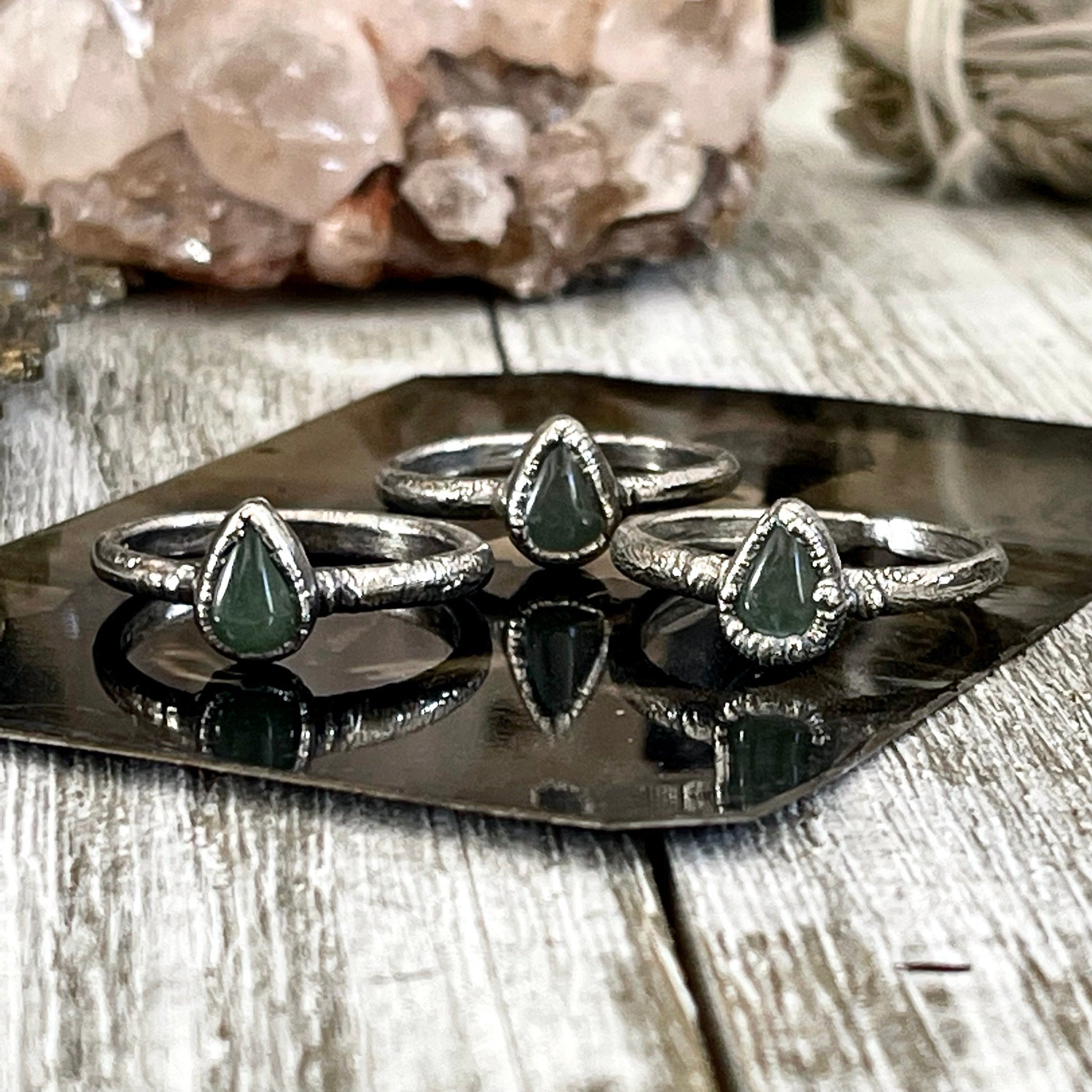 Dainty Teardrop Green Aventurine Ring Fine Silver Size 5 6 7 8 9 10 Foxlark Collection // Witchy Goth Jewelry Crystal Alternative Jewelry