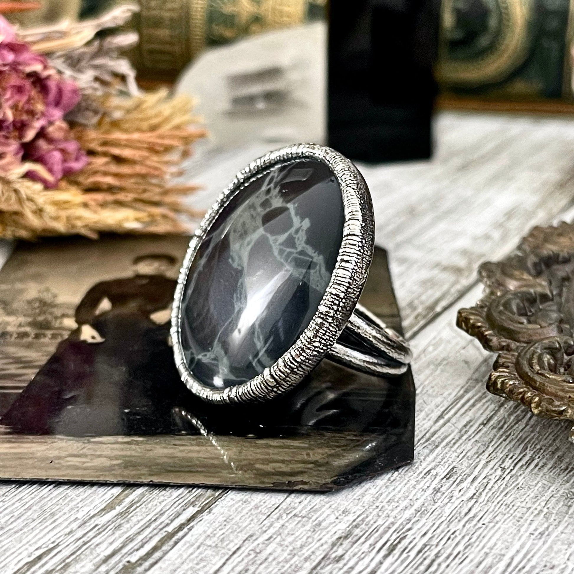 Size 9 Natural Spider Web Obsidian Statement Ring in Fine Silver - Black Stone Jewelry / Foxlark Collection - One of a Kind