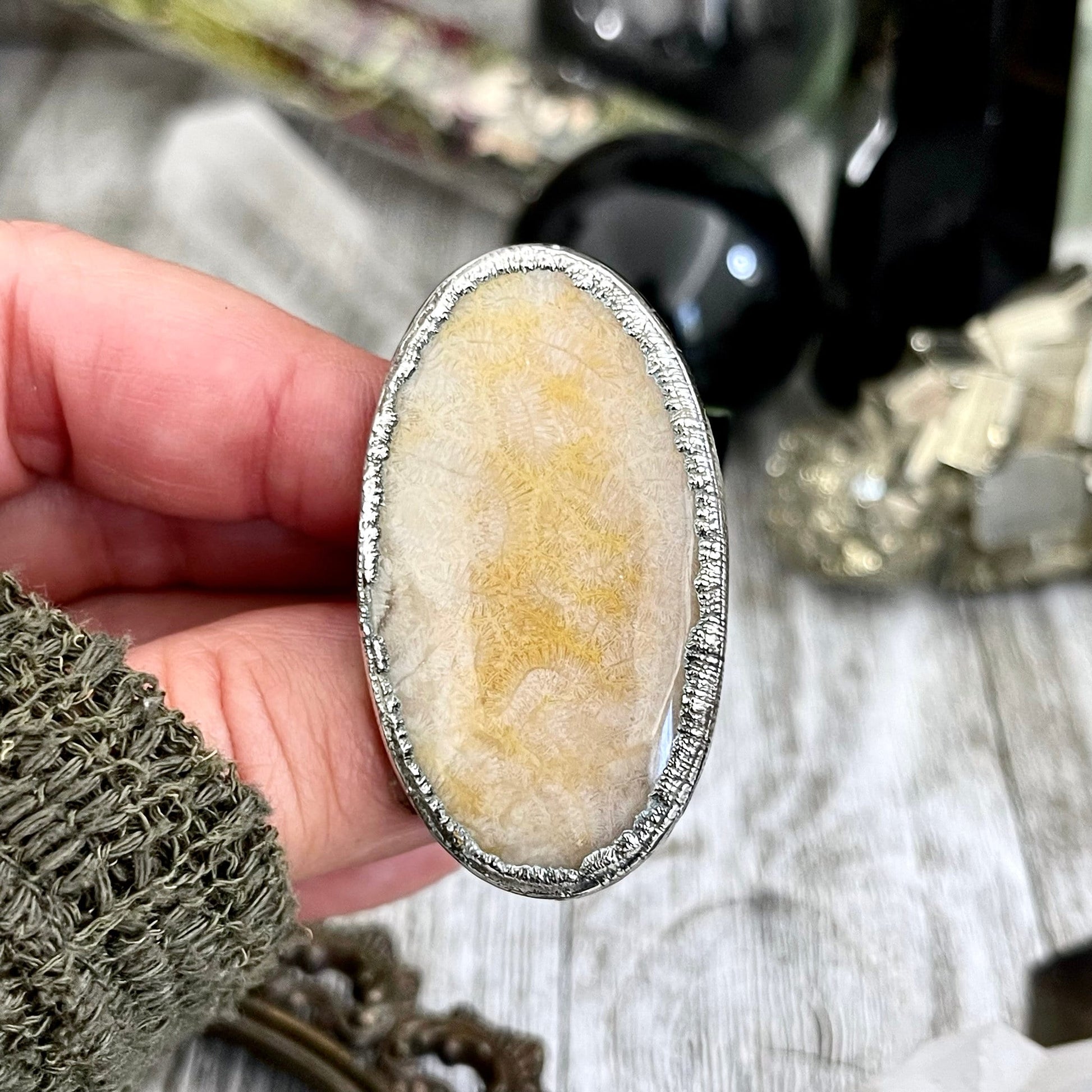 Size 8.5 Big Fossilized Coral Silver Statement Ring in Fine Silver / Foxlark Collection - One of a Kind / Big Crystal Ring Witchy Jewelry