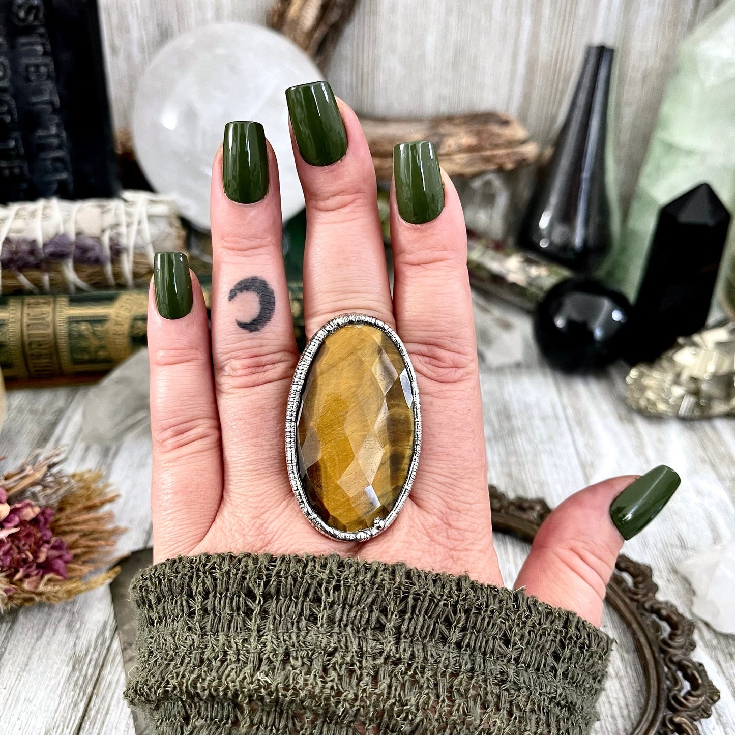 Size 8.5 Tigers Eye Ring in Fine Silver / Foxlark Collection - One of a Kind / Big Crystal Ring Witchy Jewelry / Gothic Jewelry