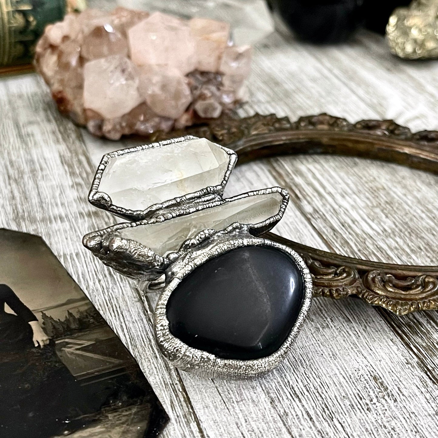 Size 8 Crystal Ring - Three Stone Ring Black Onyx Clear Quartz Ring Silver / Foxlark Collection - One of a Kind