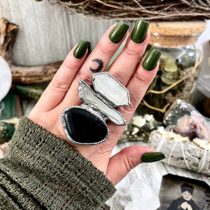 Size 8 Crystal Ring - Three Stone Ring Black Onyx Clear Quartz Ring Silver / Foxlark Collection - One of a Kind