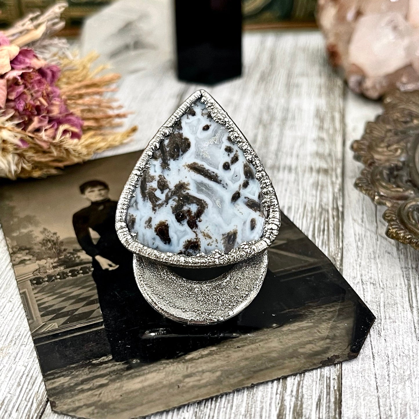 Size 10.5 Large Blue Fossilized Palm Root Statement Ring in Fine Silver / Foxlark Collection - One of a Kind / Gothic Jewelry Gemstone