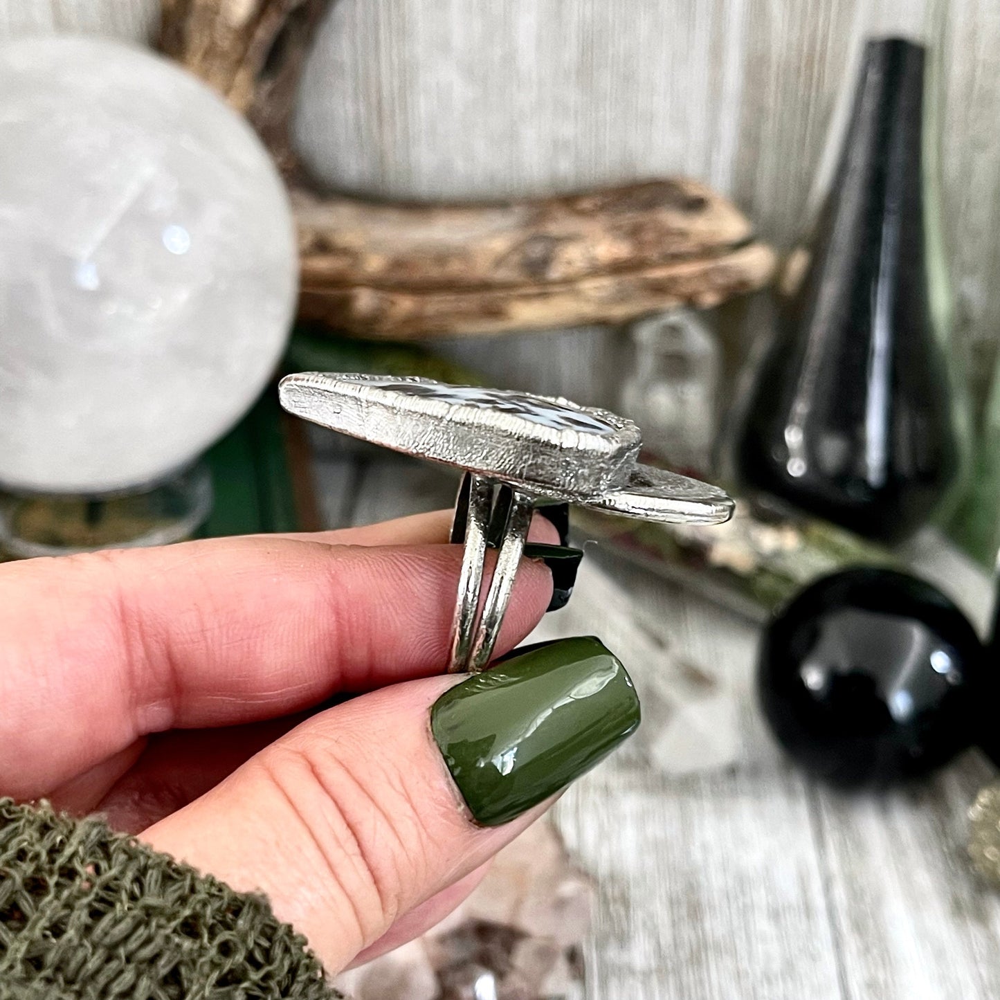 Size 10.5 Large Blue Fossilized Palm Root Statement Ring in Fine Silver / Foxlark Collection - One of a Kind / Gothic Jewelry Gemstone