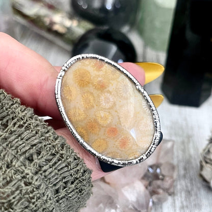 Size 9 Big Fossilized Coral Silver Statement Ring in Fine Silver / Foxlark Collection - One of a Kind