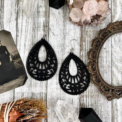 Black laser Cut Wooden Earrings / Stainless Steel Long Dangly Bohemian Earrings