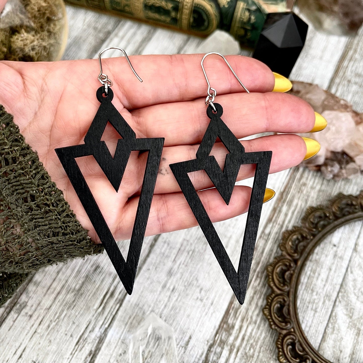 Black laser Cut Wooden Earrings / Stainless Steel Long Dangly Goth Earrings