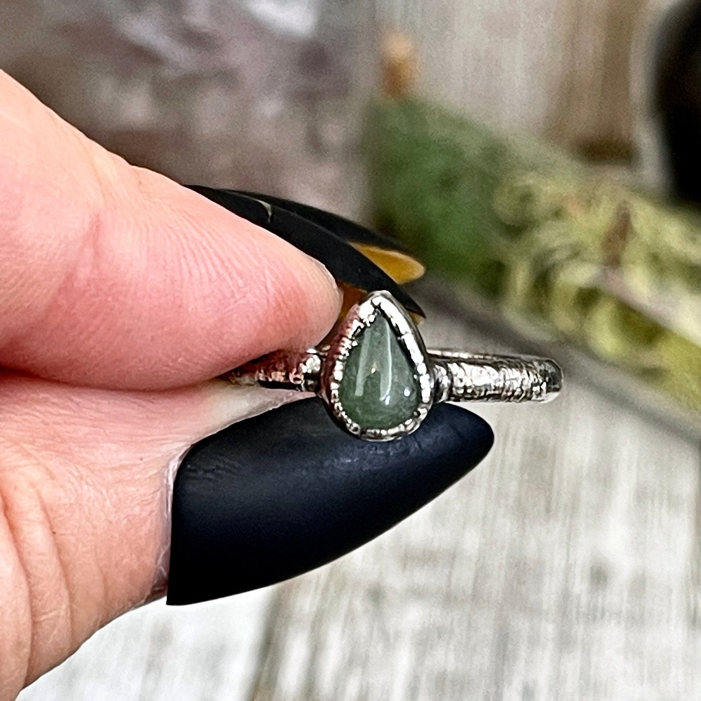 Dainty Teardrop Green Aventurine Ring Fine Silver Size 5 6 7 8 9 10 Foxlark Collection // Witchy Goth Jewelry Crystal Alternative Jewelry