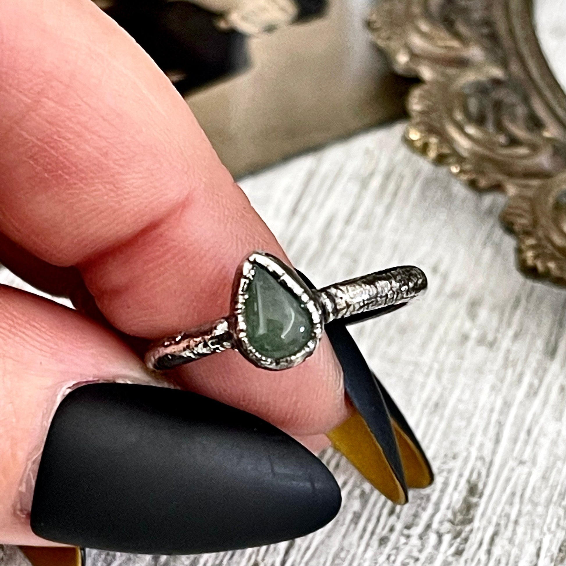 Dainty Teardrop Green Aventurine Ring Fine Silver Size 5 6 7 8 9 10 Foxlark Collection // Witchy Goth Jewelry Crystal Alternative Jewelry