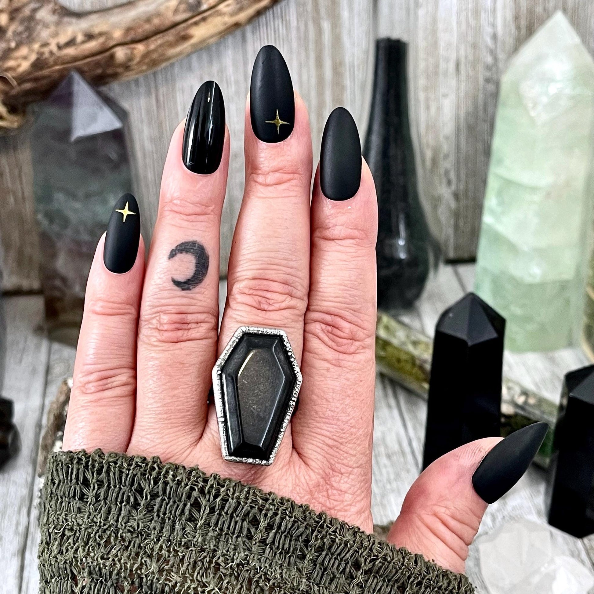 Black Onyx Coffin Ring Size 6 7 8 9 10 11 / Foxlark Collection / Crystal Ring For Women Gothic Jewelry Halloween Jewelry Black Stone Ring