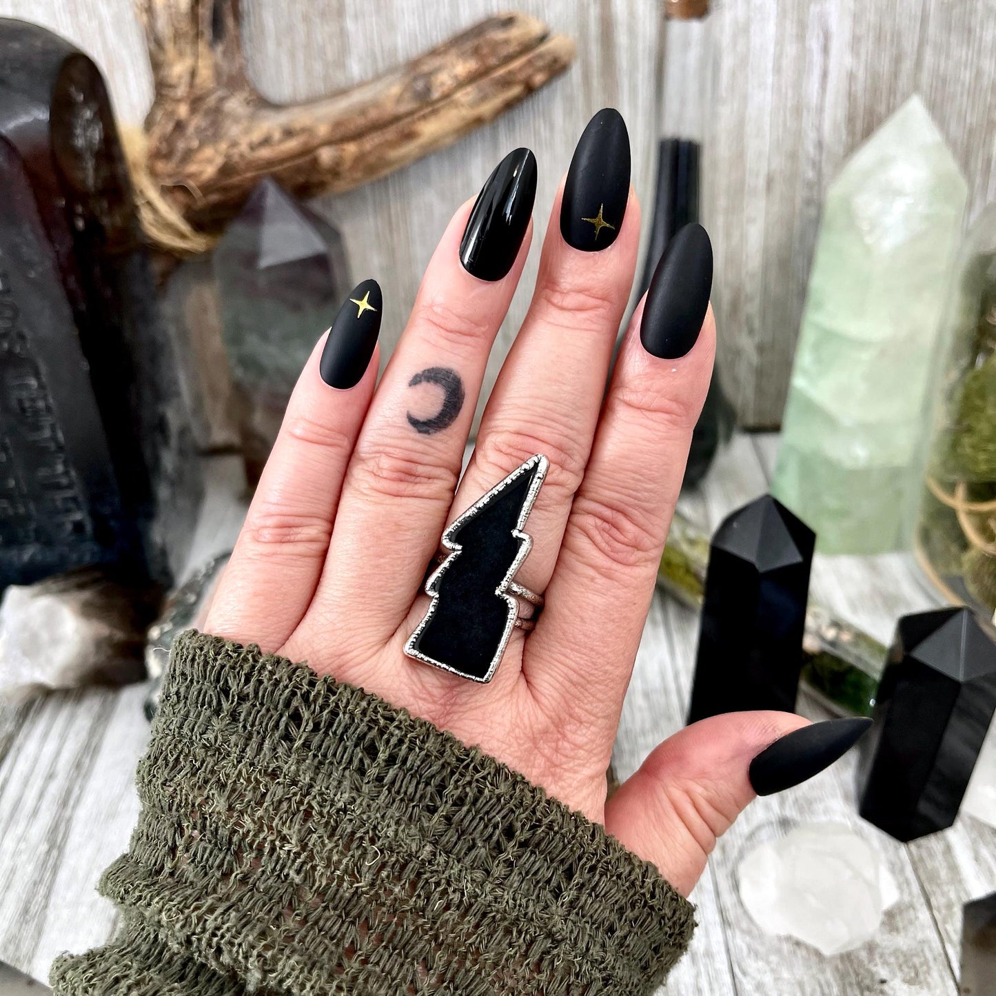 Black Onyx Lightning Bolt Ring Size 6 7 8 9 10 11 / Foxlark Collection / Ring For Women Gothic Jewelry Halloween Jewelry Black Stone Ring