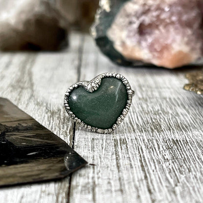 Green Aventurine Heart Ring Silver Size 6 7 8 9 10 / Foxlark Collection