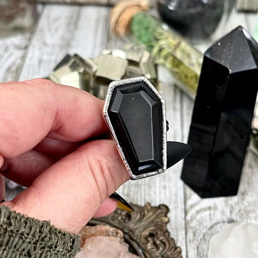 Black Onyx Coffin Ring Size 6 7 8 9 10 11 / Foxlark Collection / Crystal Ring For Women Gothic Jewelry Halloween Jewelry Black Stone Ring