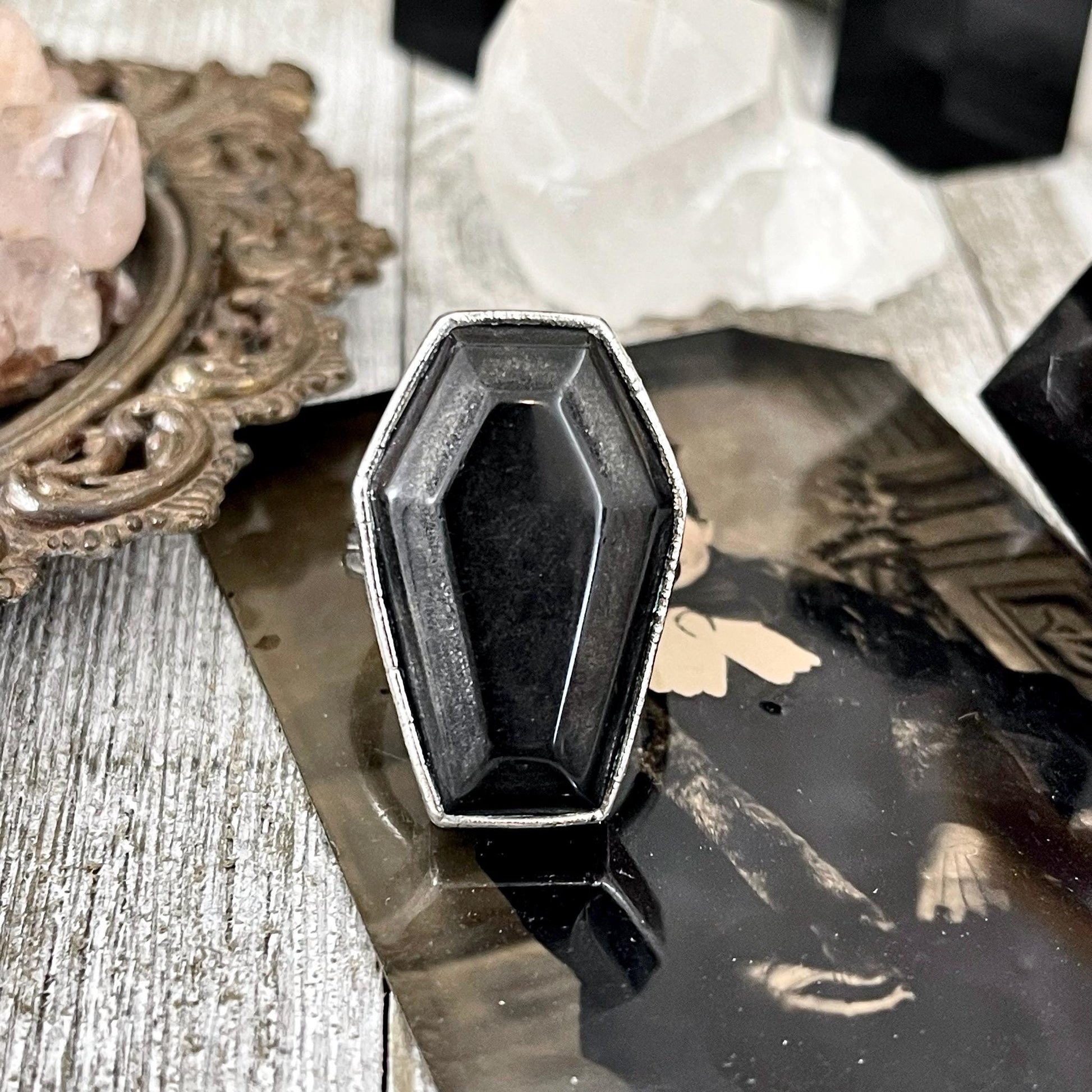 Black Onyx Coffin Ring Size 6 7 8 9 10 11 / Foxlark Collection / Crystal Ring For Women Gothic Jewelry Halloween Jewelry Black Stone Ring