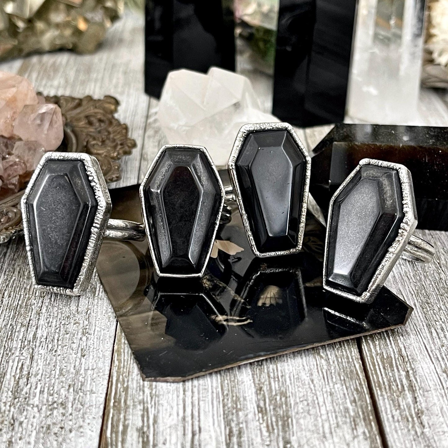 Black Onyx Coffin Ring Size 6 7 8 9 10 11 / Foxlark Collection / Crystal Ring For Women Gothic Jewelry Halloween Jewelry Black Stone Ring